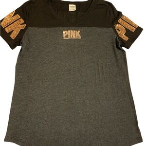 PINK Victoria's Secret Black and Gray Tee with Gold Logo